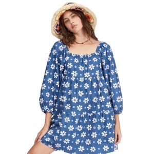 Billabong Floral Puff Sleeve Mini Dress Size Medium Small  Blue White